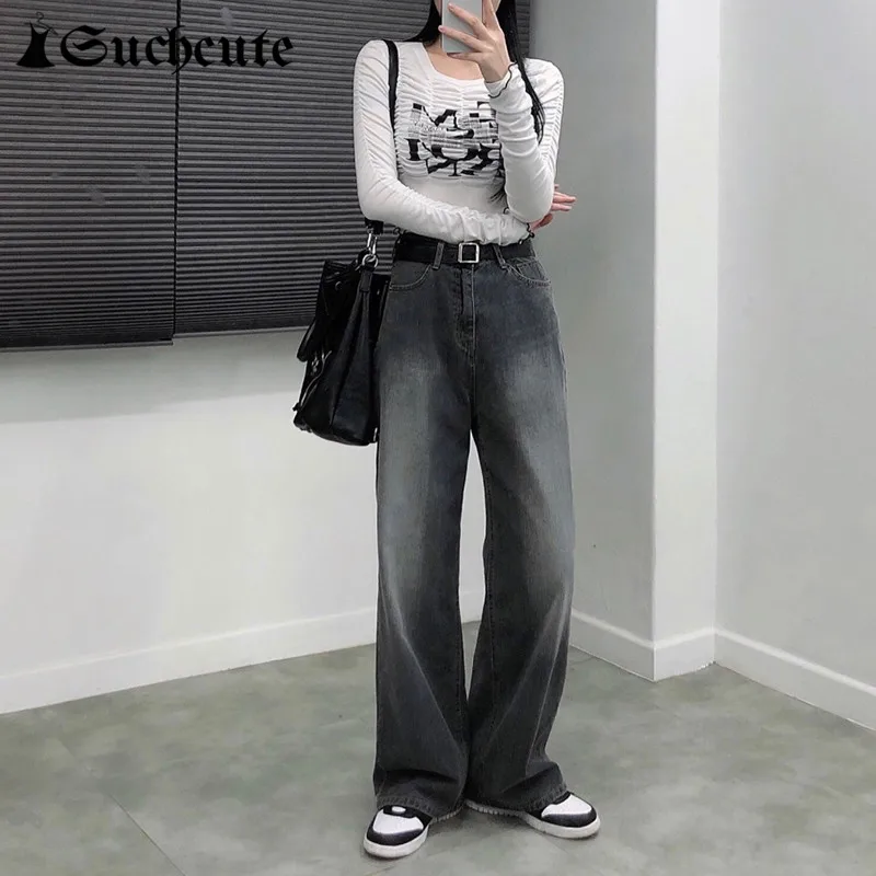 

Винтажные градиентные черные женские джинсы в стиле Харадзюку, уличная одежда 90-х, повседневные джинсовые брюки, корейские модные мешковат...