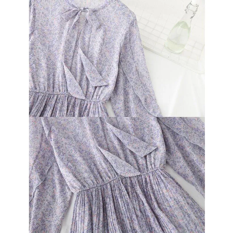 

Spring Floral Print Dress Women Elegant Ruffle Pleated Chiffon Long Dress 2021 Casual Long Sleeve High waist A-line Dress