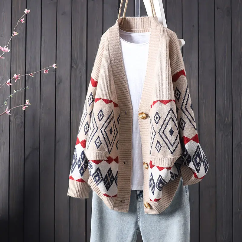

National Style Autumn And Winter New Diamond Knitted Sweater Women 2022 Retro Jacquard Long-sleeved V-neck Cardigan Jacket