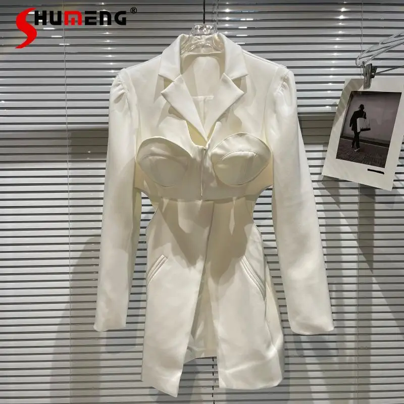 

2021 Early Autumn New Model Style Fake Two-Piece Design Hollow-out Blazers Women's Fashion Cinched Office Lady Long Sleeve Suit