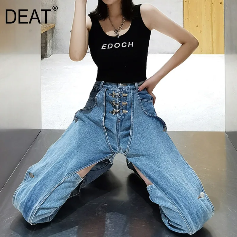 Женские длинные джинсовые брюки DEAT светло-голубые однобортные с высокой талией и