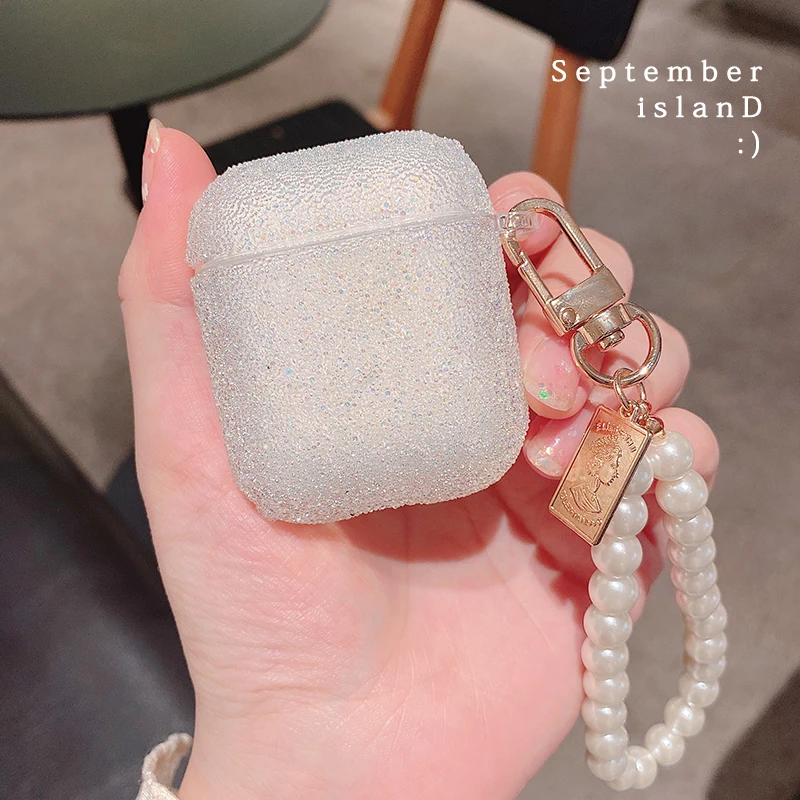 Чехол для наушников Apple airpods 1 2 с объемным блестящим жемчужным браслетом мягкий