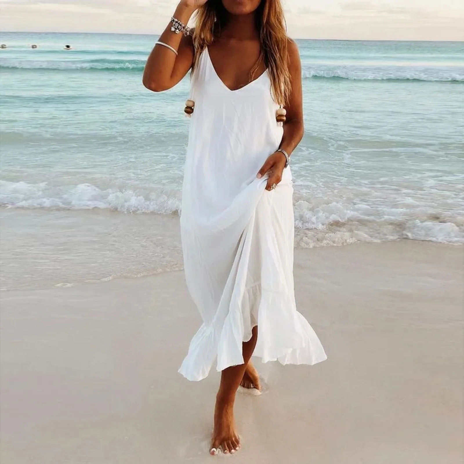 

Женское длинное платье, женское летнее платье с v-образным вырезом, на тонких бретельках, с цветочным рисунком, с оборками, свободное пляжное...