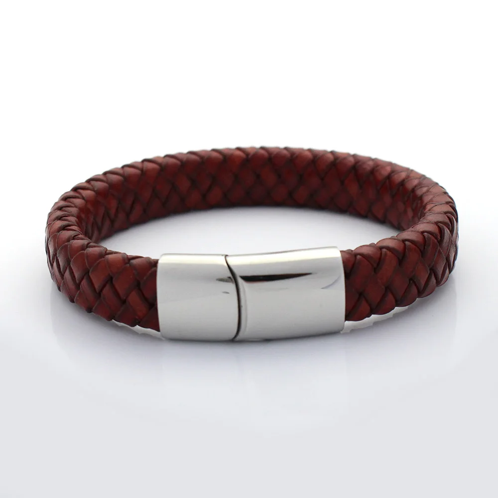

12MM Wide Braided Men Bangles Retro Genuine Leather Bracelet Stainless steel Bead Bracelets with Magnet Clasp