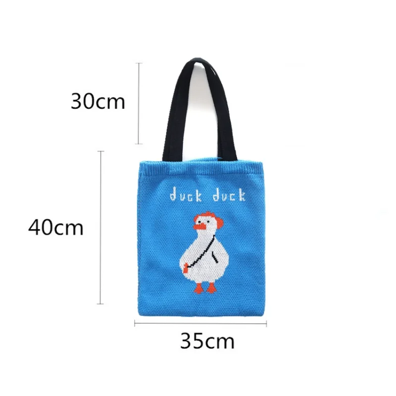 

Women Cartoon Blue Duck Top-handle Tote Bag Female Winter Vintage Anime Knitting Cute Stylish Handbag Large Capacity Shopper Bag