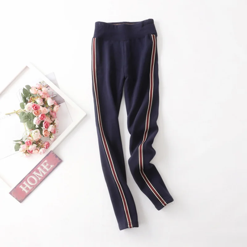 Navy NORMOV Womens Winter Cotton Leggings Warm Velvet Fleece High Waist Workout Side Striped Sexy Casual Solid Color Leggings - Color: Navy