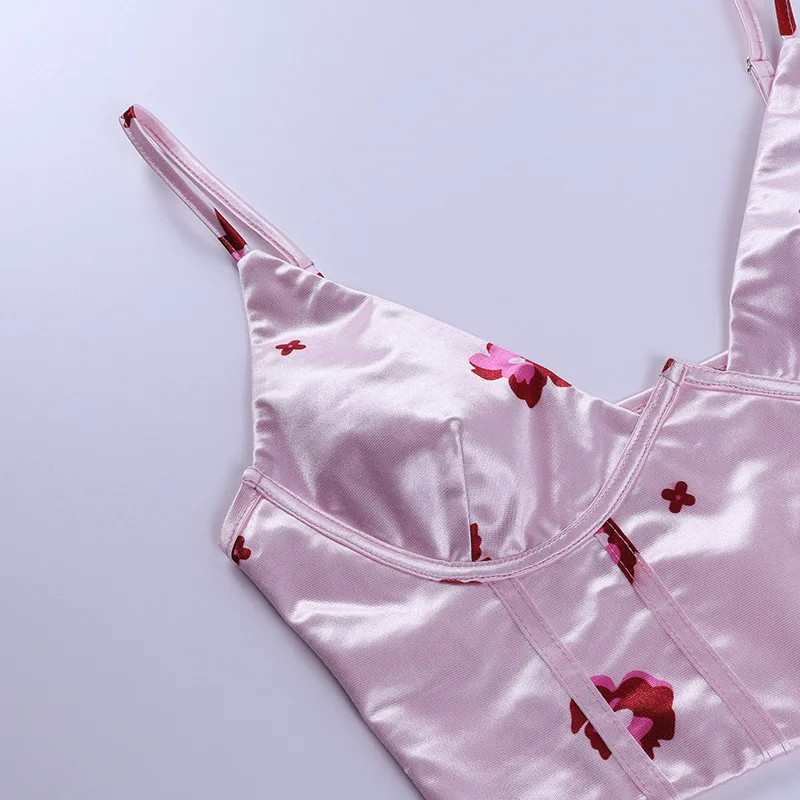 

Sexy Staghetti V Neck Satin Corset Top with Straps Summer Floral Print Clothes Blue Sleeveless Club Women Crop Tops Casual Cami