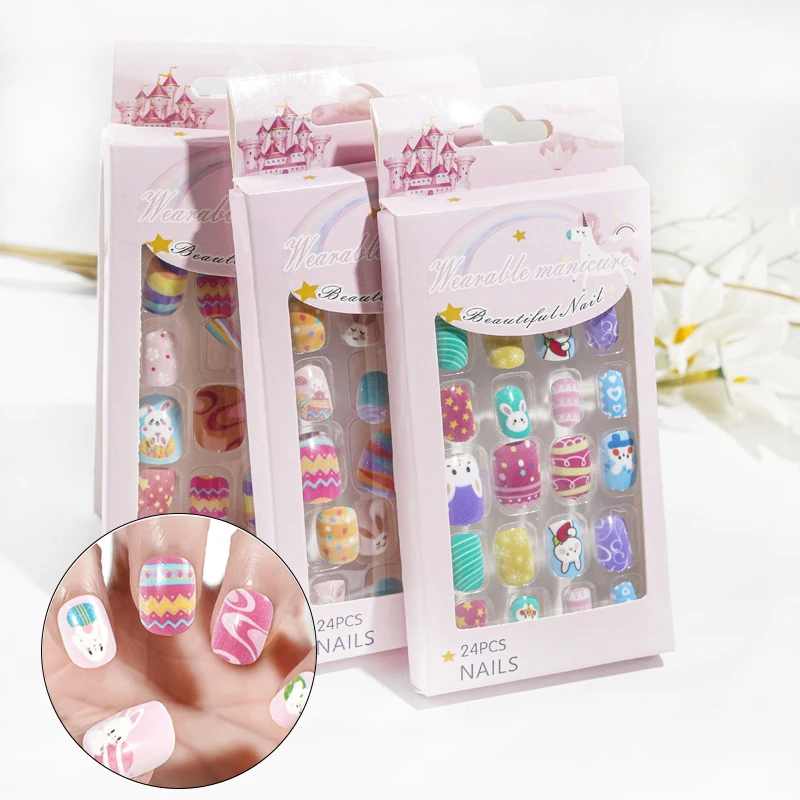 

24PCS Fake Nails Children's Accessories Fake Nails For Easter Wear Children Artificial Nail Nails Decor Acrylic Tips Full Cover