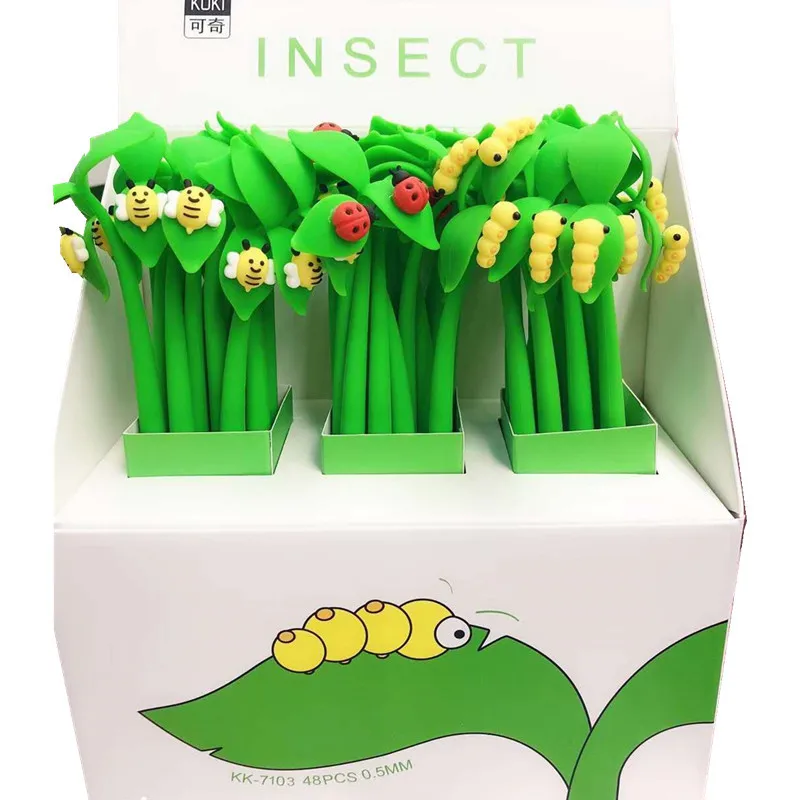 48pcs Cartoon Insect Leaves Grass Full Silicone Gel Pen Cute Buds of Ladybird Beetle Caterpillar Pen
