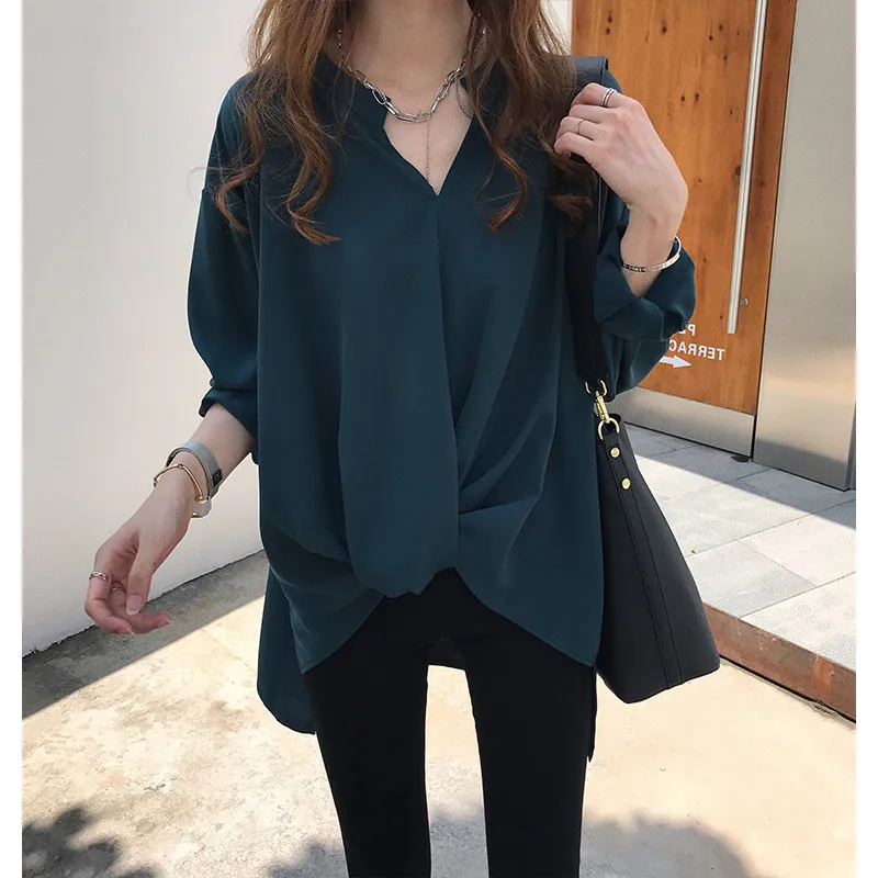 Весна-лето Модная элегантная однотонная Свободная шифоновая блузка с длинным