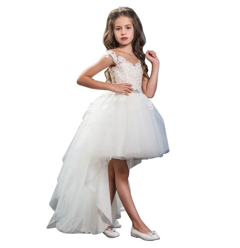 

New High Low Girls Pageant Gowns Lace Applique Puffy Tulle Flower Girl Dress for Wedding Kids Birthday Party Gown