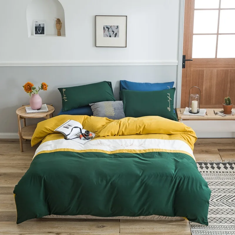 

Home Textile Nordic Minimalist Bedding Sets Duvet Cover Pillowcase Solid Color Embroidery Flower Flat Sheet Quilt Cover Queen