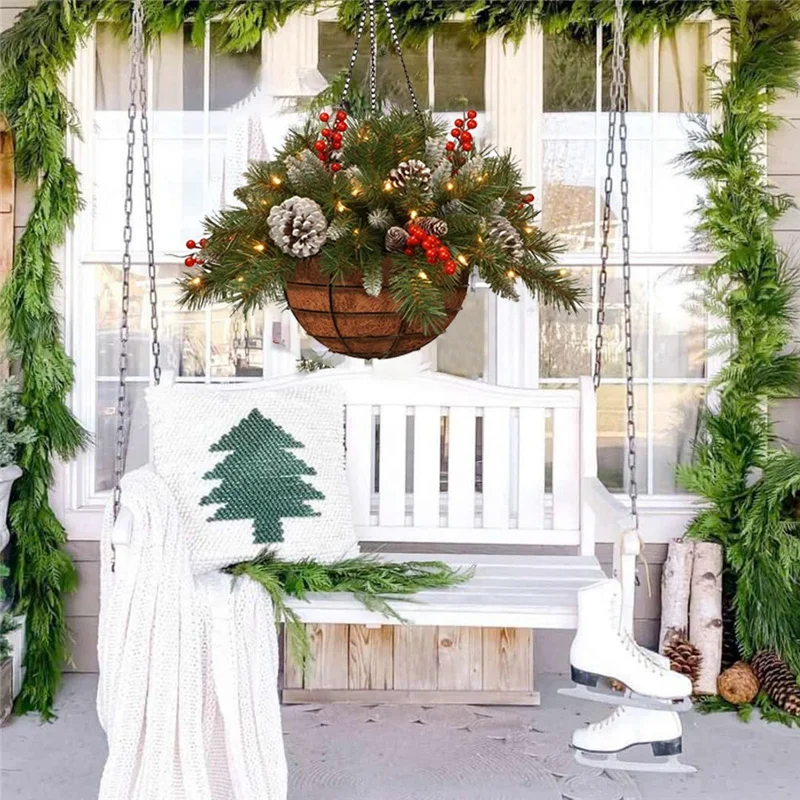 Cesta colgante de Navidad Artificial, flocada, con decoraciones mezcladas y LED blanco-4