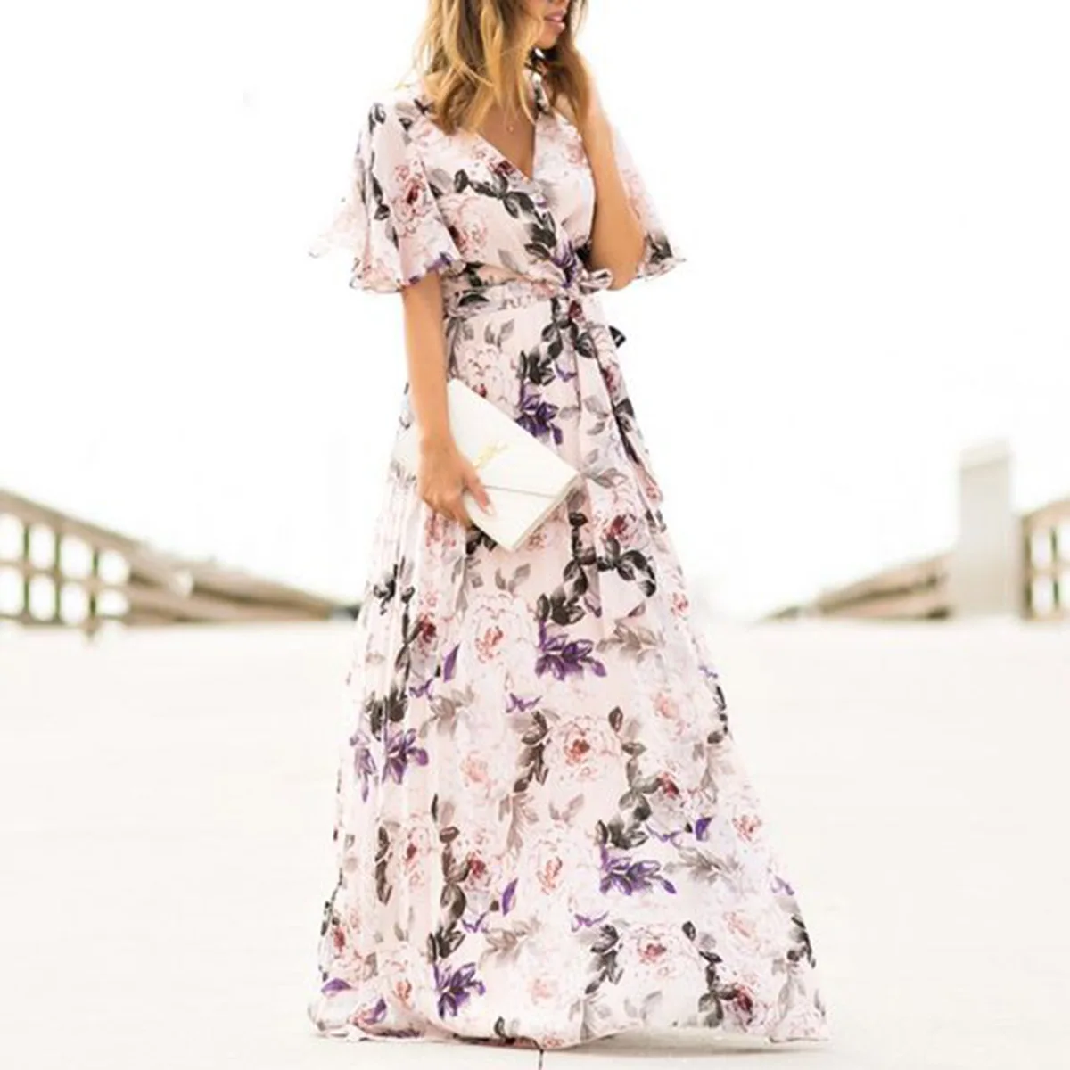 Летнее платье Макси Boho большого размера, повседневное богемное платье с цветочным принтом, пикантные пляжные платья с v-образным вырезом, вечерние платья с поясом