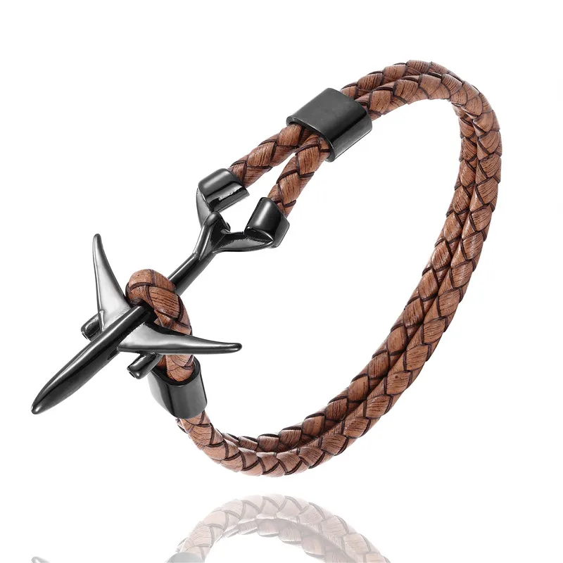 Black Brown MKENDN Hot Sale Stainless Steel Airplane Anchor Bracelets Men Women Genuine Multilayer Leather Bracelet Freestyle Homme Jewelry - Окраска металла: Black Brown