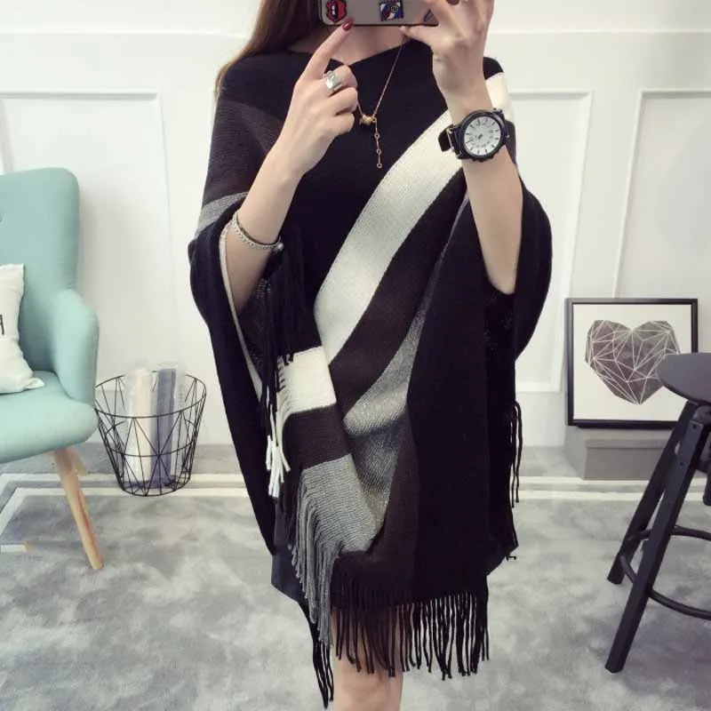 Женские вязаные плащи пончо с v образным вырезом и асимметричным подолом