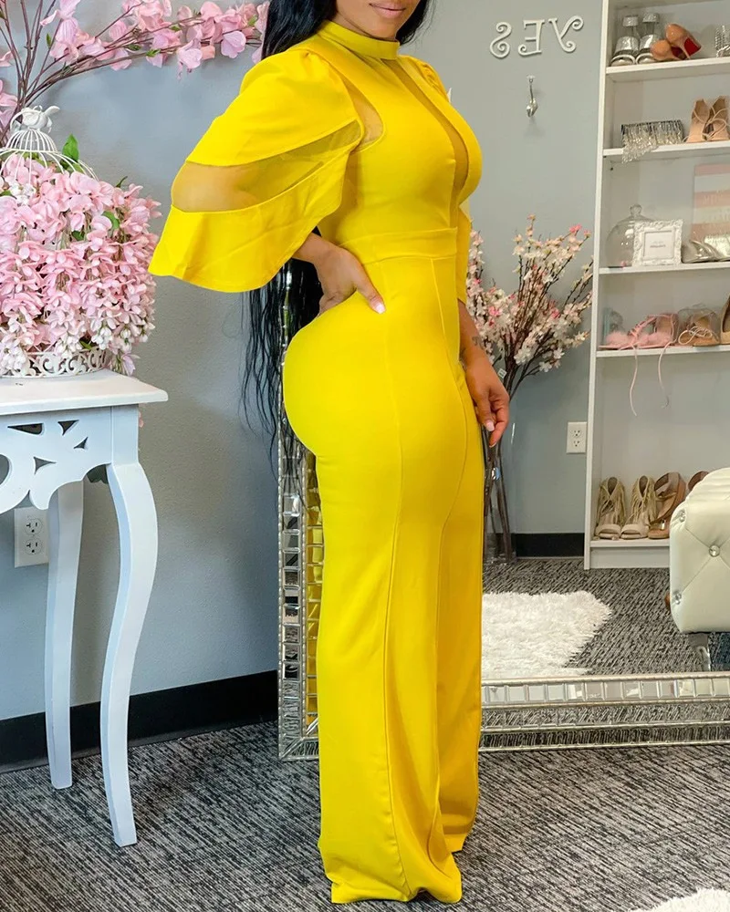 

Sexy Wide Leg Jumpsuit Plus Size Slant Collar Mesh One Piece Hollow Out Solid Button Stitching Romper Bodysuits Jumpsuits S-3XL