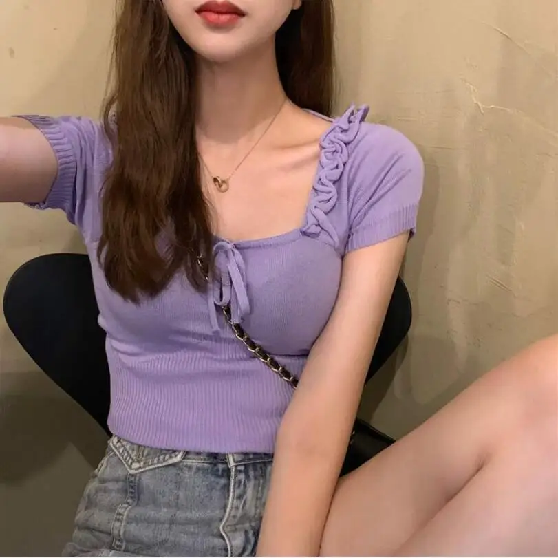 

Women's 2021 Summer Fashion Retro Square Neck Tie Pullover Blouse Slim Slim Short Knit Sweater Women Sexy Tops Woman Tshirts