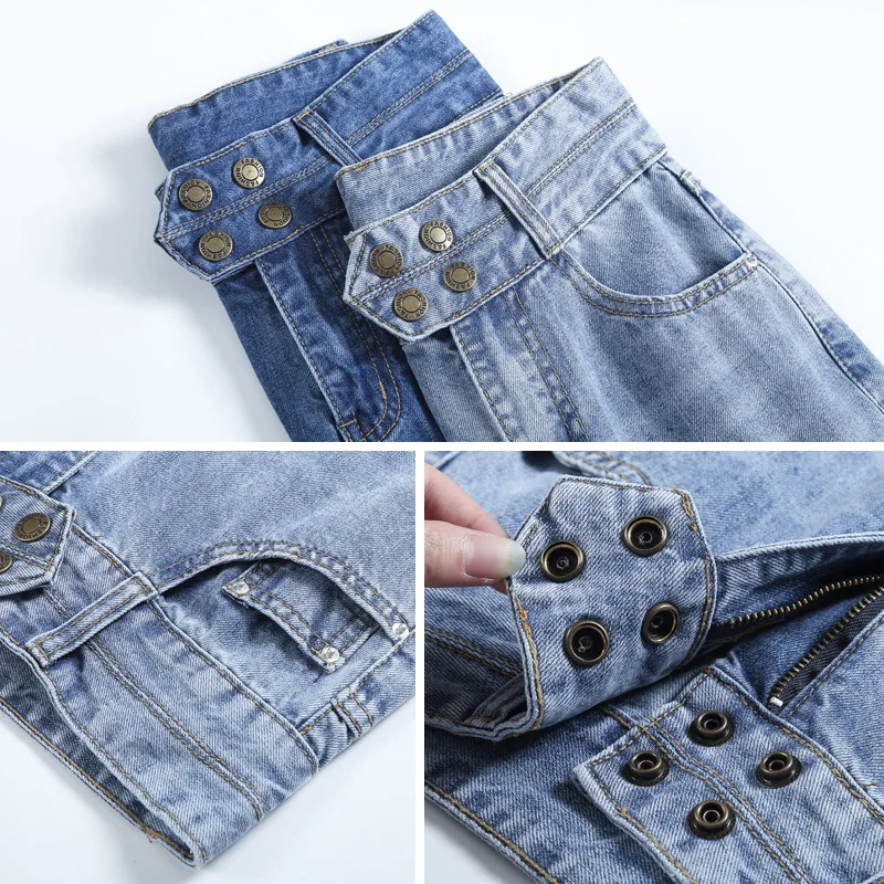 Женские джинсы бойфренды с высокой талией и широкими штанинами корейские