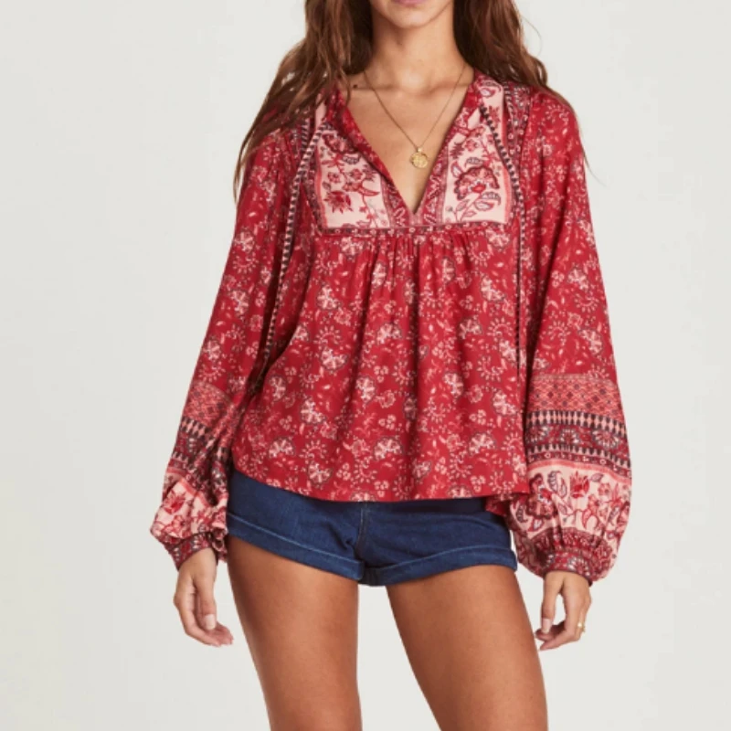 Женские топы Boho винтажные свободные блузки с цветочным принтом женские пляжные