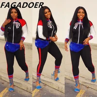 fagadoer fashion print two piece sets women stripe zipper coat and skinny pants tracksuits casual sport streetwear outfits 2021