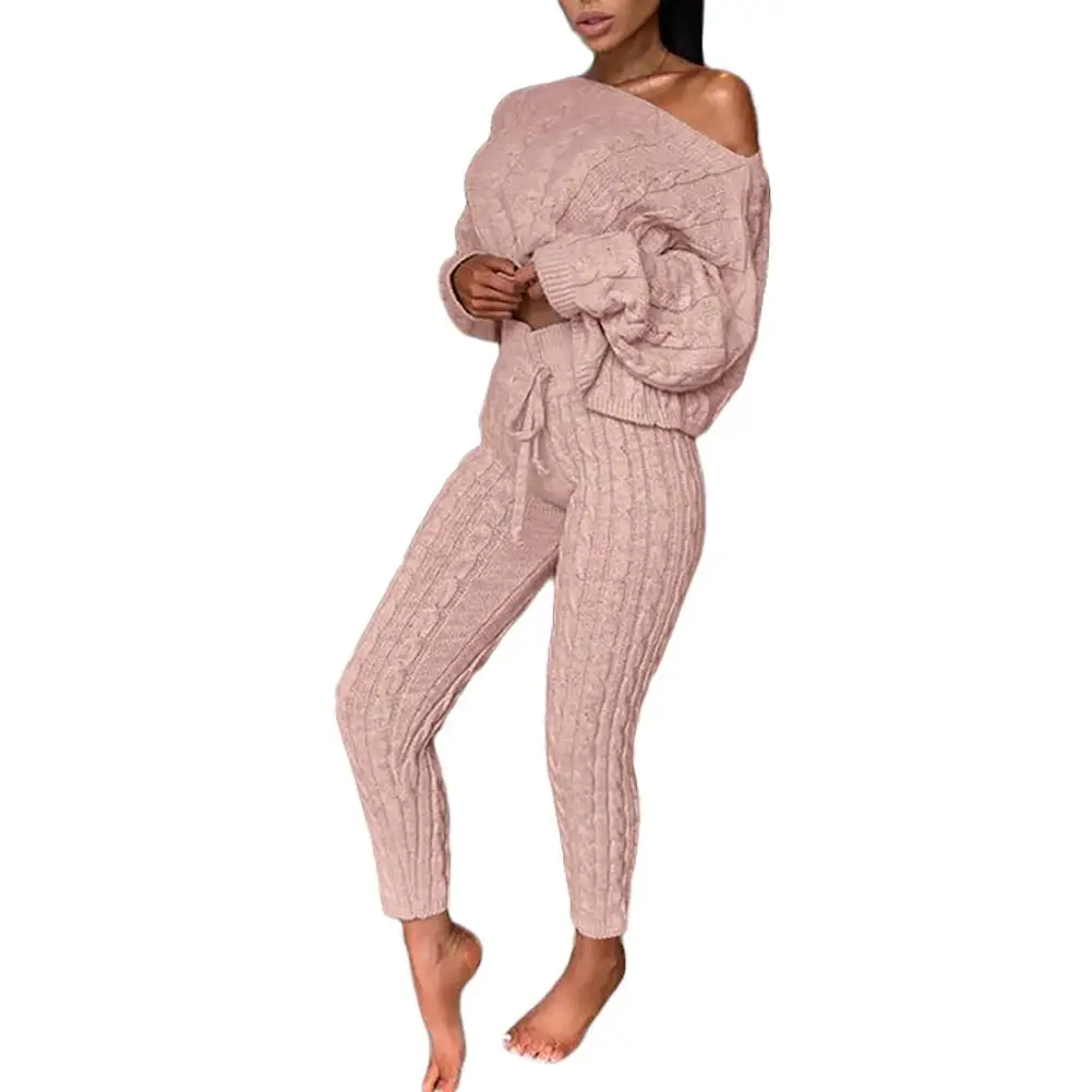Women Autumn Winter Knitted O Neck Leisure Two Pieces Outfit Long Sleeve Sweater Jumpers Pants Set | Женская одежда