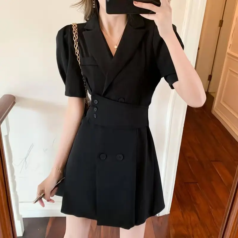 

French Suit Collar Short Sleeve Female 2021 Summer New Design Feeling Small High End Dress Fashion