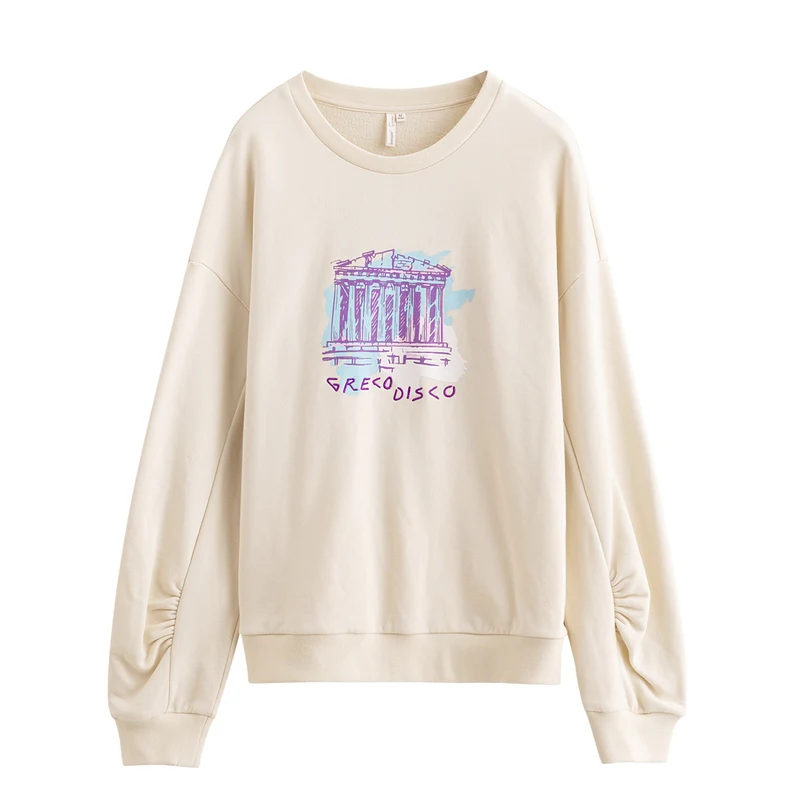 

INMAN 2021 Spring New Arrivals Women's Apricot Pure Cotton Hoodless Art Print Loose Versatile Pullover