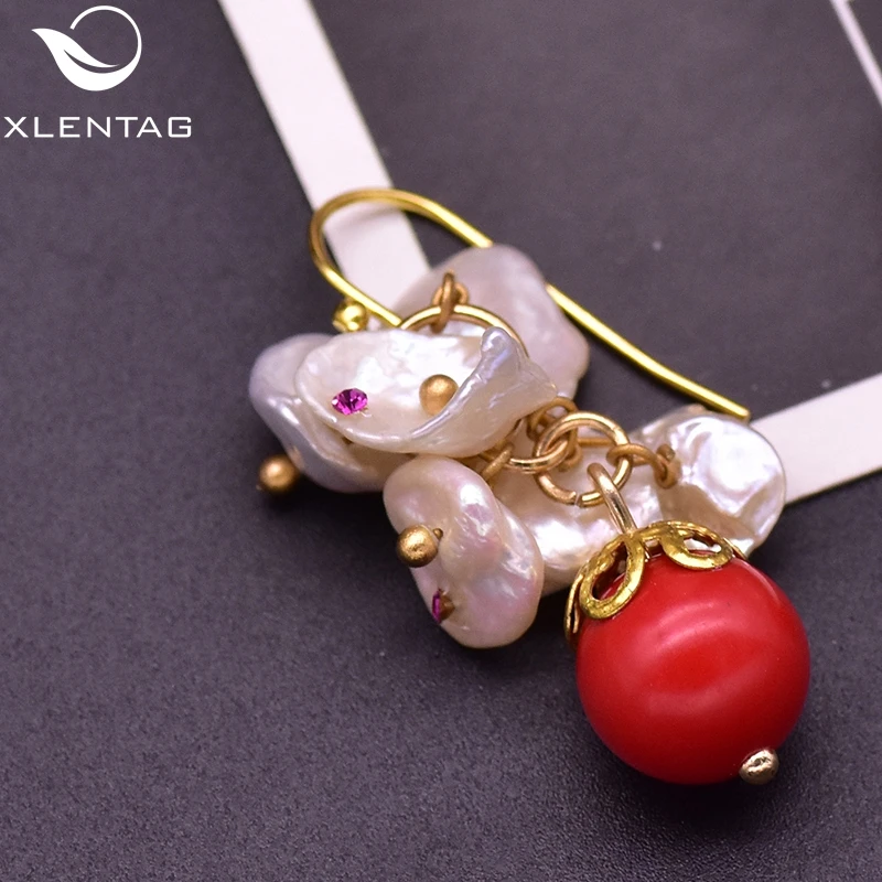 Женские серьги подвески с натуральным жемчугом XlentAg из Красного камня ручной