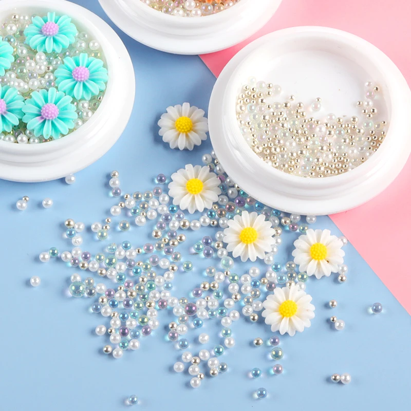 2021 нейл арта в виде небольшой ромашки хлопья микс переливающиеся стеклянные бусы