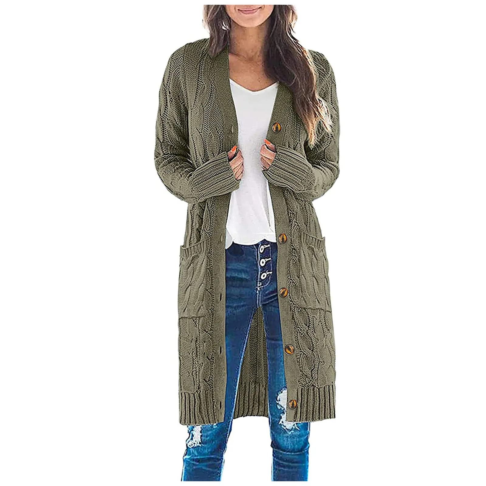 

Womens Outerwear Sleeve Front Long Button Knit Cardigan Long Open Sweater Cable Women's Coat Lightweight Coat
