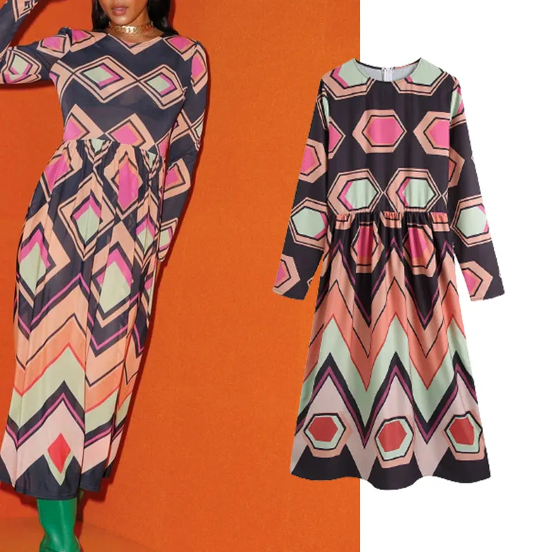 

Xypskh Za Women Autumn New Fashion Floral Print Loose Midi Dress Vintage O-Neck Long sleeve Back zipper Female Dresses Vestidos