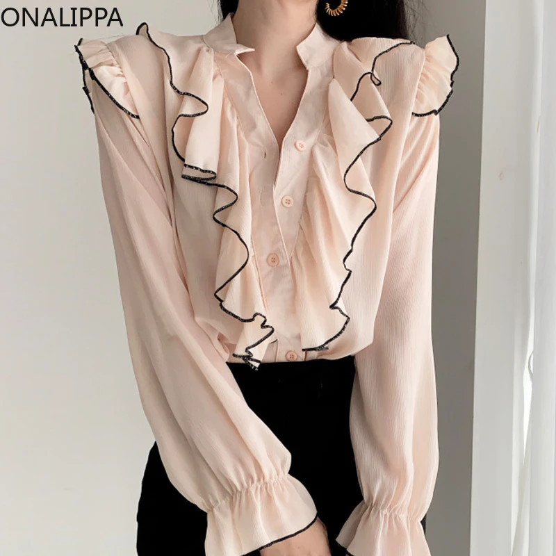 

ONALIPPA Flared Sleeve Shirt 2021 Autumn Japanse Temperament Sweet V-Neck Contrast Trim Ruffle Stitching Single-Breasted Blouses