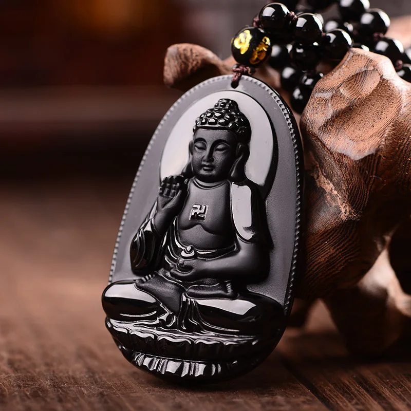 Amitabha Pendant Necklace Black Obsidian Carved Buddha Lucky Amulet Necklaces For Women Men Jewelry Gifts Jewelry Drop Shipping