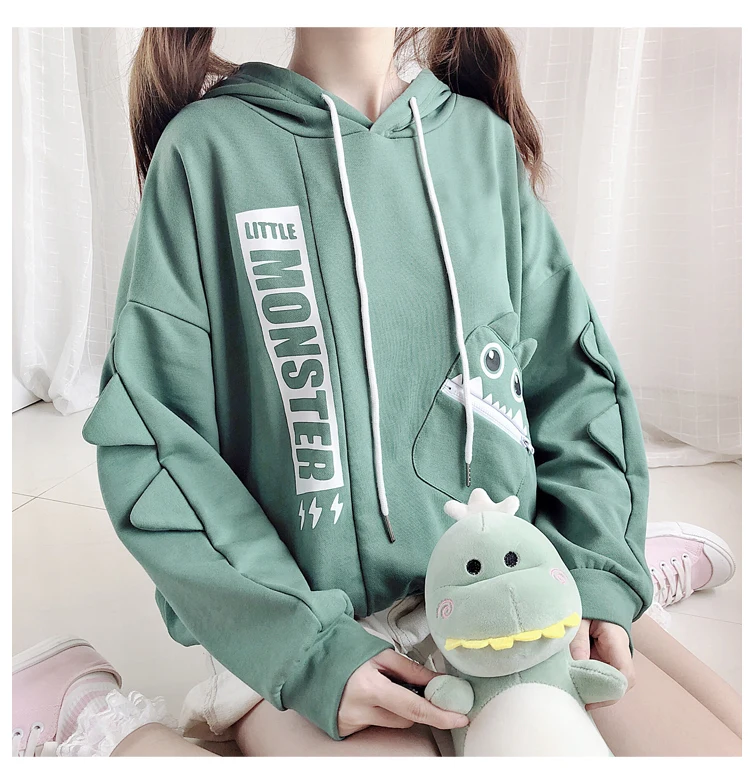 Корейский Харадзюку милые маленькие монстры шаблон с капюшоном длинным рукавом