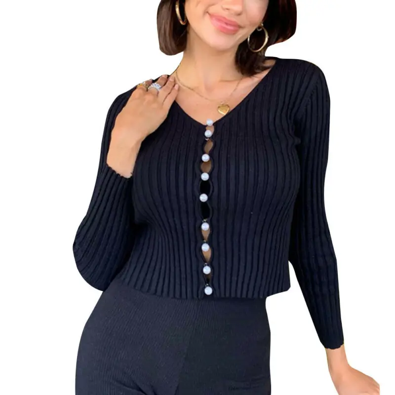 

2020 Slim-fit Women Knit Tops Casual Spring V-neck Long Sleeve Pearl Button Knitted Crop Top T-Shirts Solid Color Ladies Clothes
