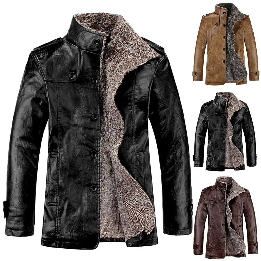 Мужская зимняя куртка с воротником стойкой из искусственной кожи пуговицами на