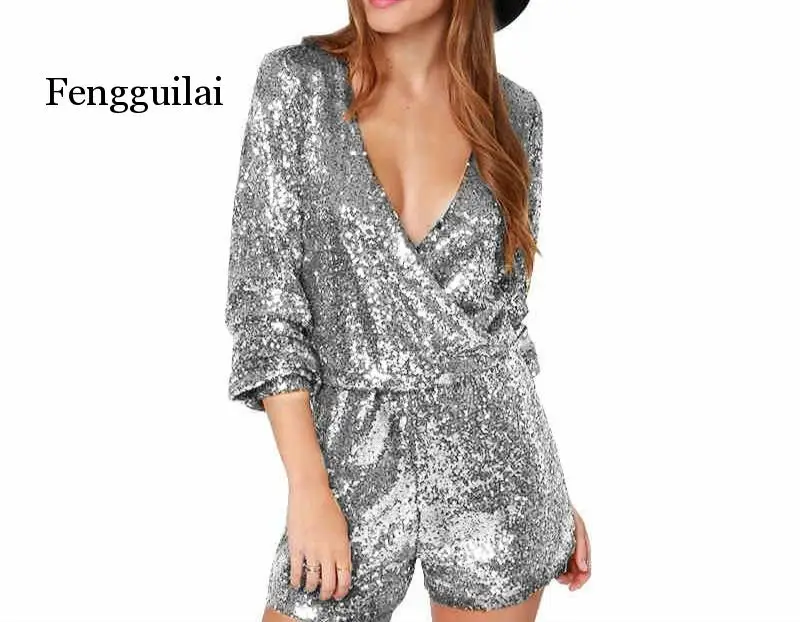 Women Sequins Jumpsuit Sexy Spot Gold Silver Rompers V-neck Shorts female Plunging DS Dance Evening Party Overalls | Женская одежда