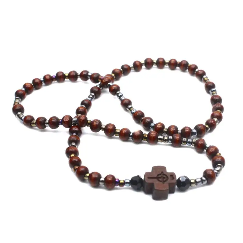 

2pcs Men Wooden Beads Cross Bracelets Meditation Prayer Chain Catholic Christian