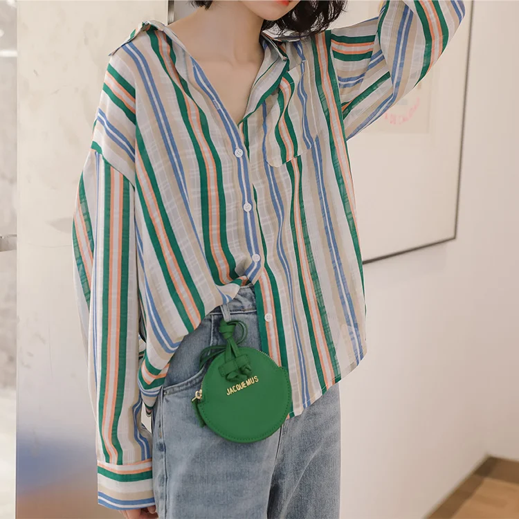 

Striped Chiffon Shirt Women Sunscreen Striped Thin Loose Casual Blouse Femme Green Red Fashion Tops