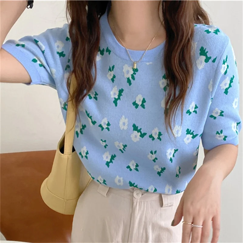 

Stowaulb Knitwear Chic Loose Summer Patchwork Florals 2021 New Short-Sleeved Hot Tops Casual Prom Lady Tee Retro T-shirts
