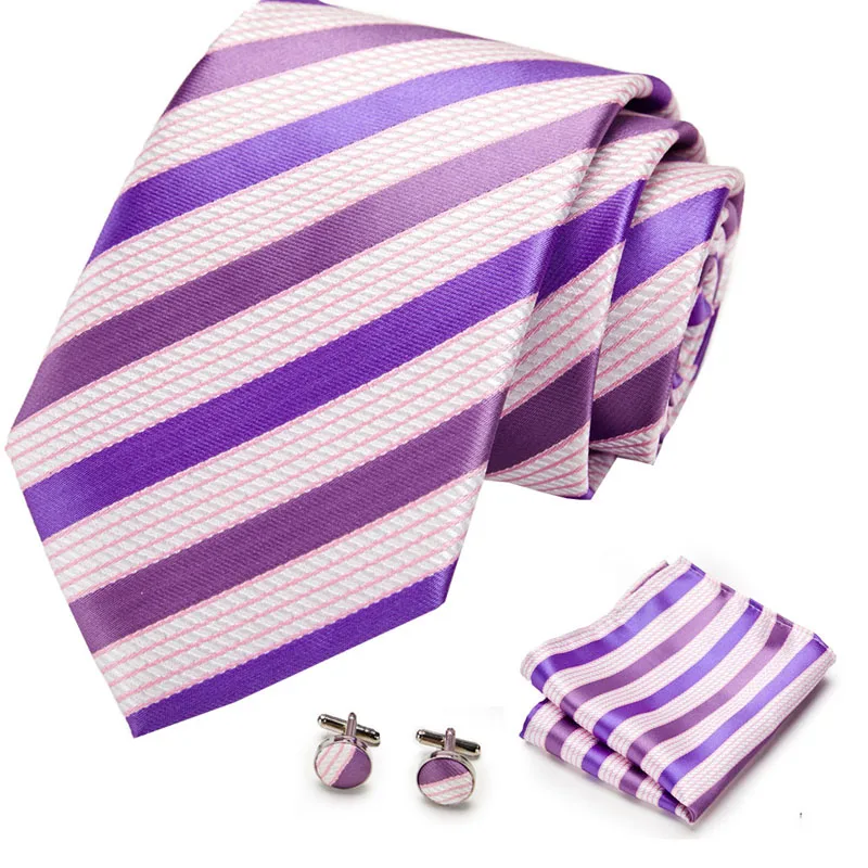 

Drop shipping 100% Silk Tie Set for Men Striped Necktie Sets Cufflink Pocket Square Navy Blue 2019 Mens Suit Tie Handkerchief