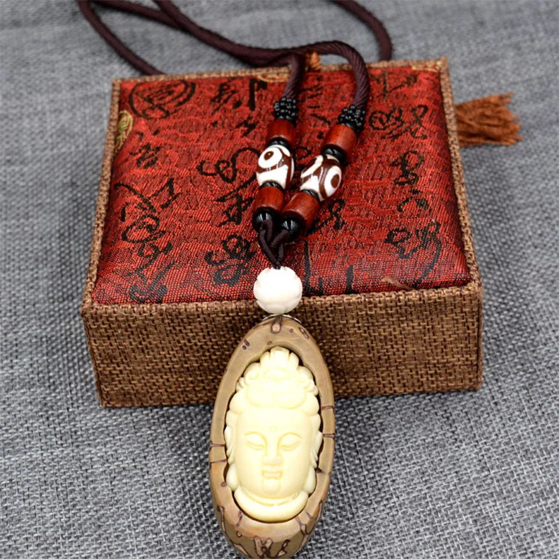 Натуральные тысячи глаз Bodhi с Tagua Гайка резные Гуаньинь голова кулон ожерелье для