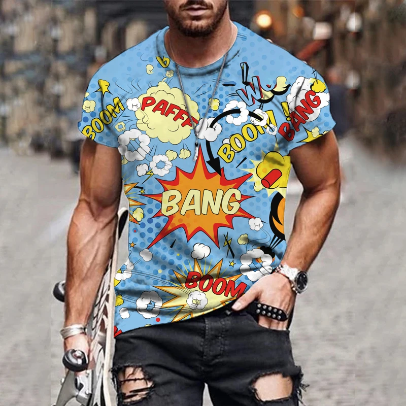 

Men's street graffiti short sleeve T-shirt explosive cartoon print cool and breathable in summer Boom bang letter Tees top