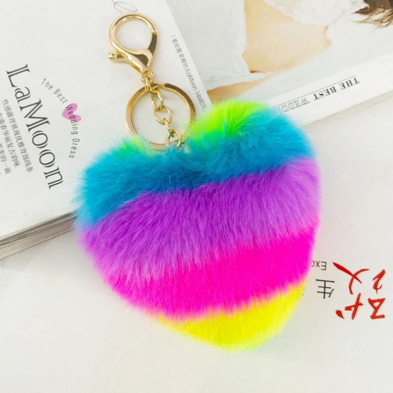 

Novelty Rainbow Heart KeyChain Bag Hang Plush Toy Pendant Pom Keyring