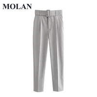 molan women pants chic fashion office wear with belt vintage high waist pockets female ankle trousers pantalones mujer 4 7