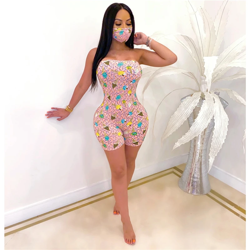 Женское боди с цветочным принтом без бретелек рукавов|Комбинезоны c шортами| |