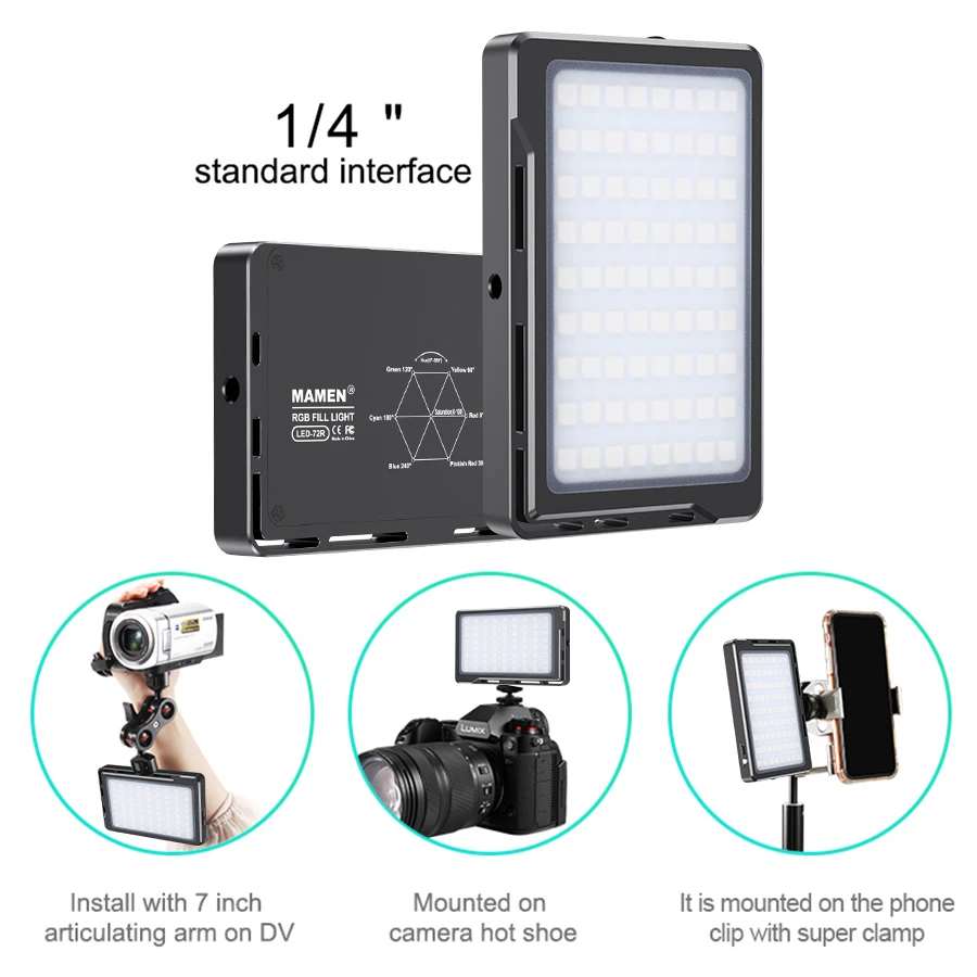 MAMEN 72 мини светодиодный видео светильник RGB 1000k 9000k на камеру телефона DSLR съемки