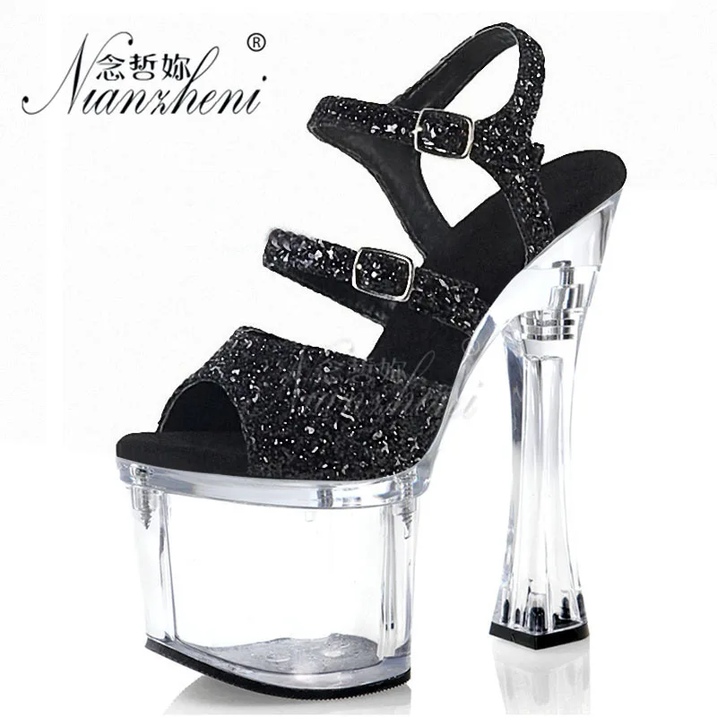 

7 Inches Bling Glitter Stripper heels Full dress Party Models Pole dance shoes High heels Platform Coarse heel Peep toe Concise