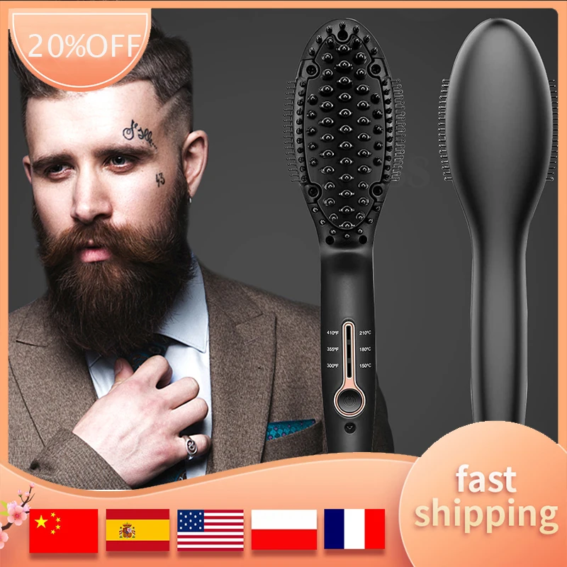 

Ionic Hair Beard Straightener Brush Fast Anti Scald Ceramic Heated Beard Brush Portable Straightening Comb Adjustable Temp